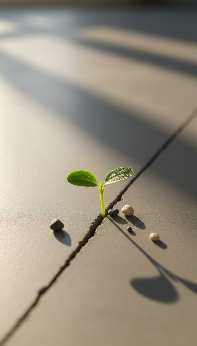 A solitary green sprout emerging from a small crack in a smooth, neutral-toned concrete floor, surrounded by minimal scattered pebbles. Brilliant morning sunlight streams in from the left, dictating long, crisp shadows and illuminating the tender, glistening leaves with vibrant highlights. The atmosphere is quietly optimistic, illustrating triumph against difficult odds. Captured from a low, close-up perspective, the composition centers on the sprout with a shallow depth of field that blurs the stark, structured environment. The clean lines and effective negative space evoke a photographic, modern, and corporate style, reinforcing stories of resilience.