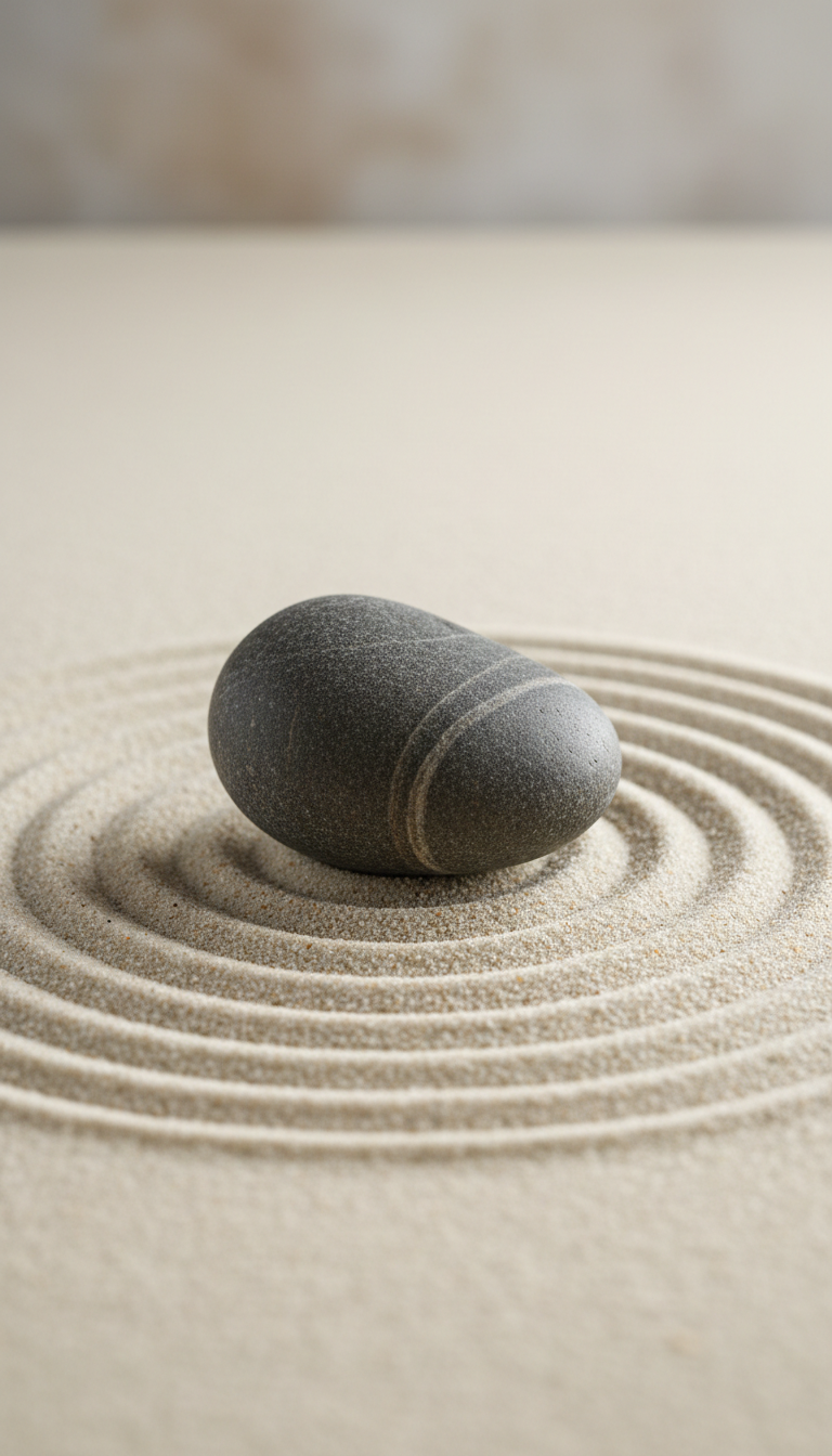 A smooth, polished river stone balanced delicately on the edge of a minimalist sand garden, the sand raked in precise, concentric circles radiating from the stone. The background is a softly blurred neutral canvas, emphasizing tranquility. Diffused overcast natural light gently highlights the stone’s subtle texture and the clean lines in the sand, casting soft, balanced shadows that create depth. The mood is serene and contemplative, supporting themes of resilience. Photographed from a centered, eye-level perspective, with a structured, uncluttered composition. The style is photographic realism with a clean, professional aesthetic, perfect for illustrating the concept of overcoming adversity and finding balance.