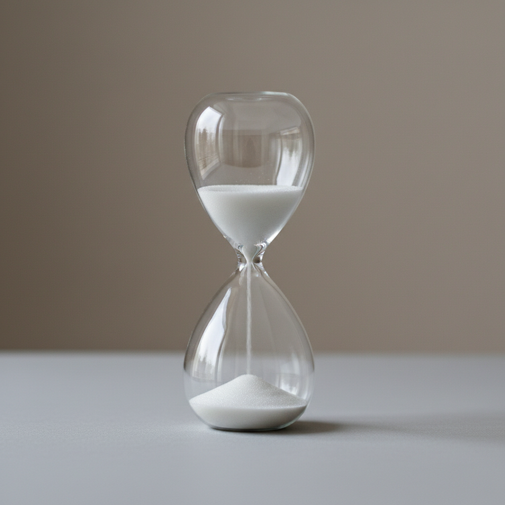 An elegant, clear glass hourglass with fine white sand halfway through its journey, positioned on a smooth, neutral-toned surface. The background remains uncluttered, allowing the hourglass to take center stage. Ambient, diffused studio lighting softly illuminates the glass contours and the gentle flow of the sand, creating subtle highlights and shadows along its curves. The image conveys a calm determination, emphasizing patience and gradual progress over time. Composed from a slightly elevated angle with symmetrical framing and shallow depth of field, the photographic realism and structured simplicity align with the blog’s professional and inspirational tone.