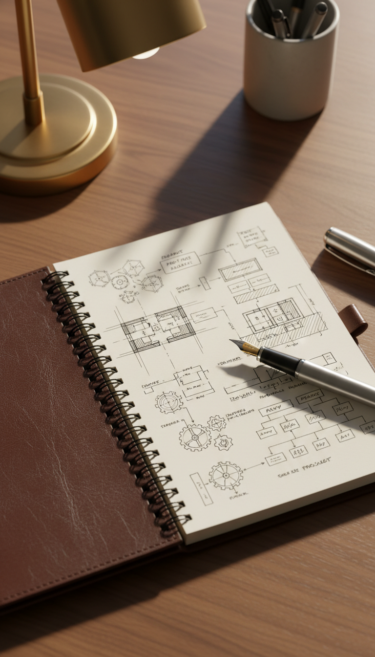 A refined, spiral-bound leather notebook with a subtle textured finish, opened on a sleek walnut desk. Next to it rests a gleaming metal fountain pen, its tip pointed towards a page filled with precise, sharp ink sketches and carefully drafted plans. Soft, warm desk lamp lighting casts delicate highlights and natural reflections on the leather and pen, while creating structured, gentle shadows along the desk. The mood is focused and aspirational, suggesting thoughtful planning and determined reinvention. Photographed from an overhead, slightly angled perspective, featuring a balanced, professional layout with crisp clarity befitting a corporate blog.